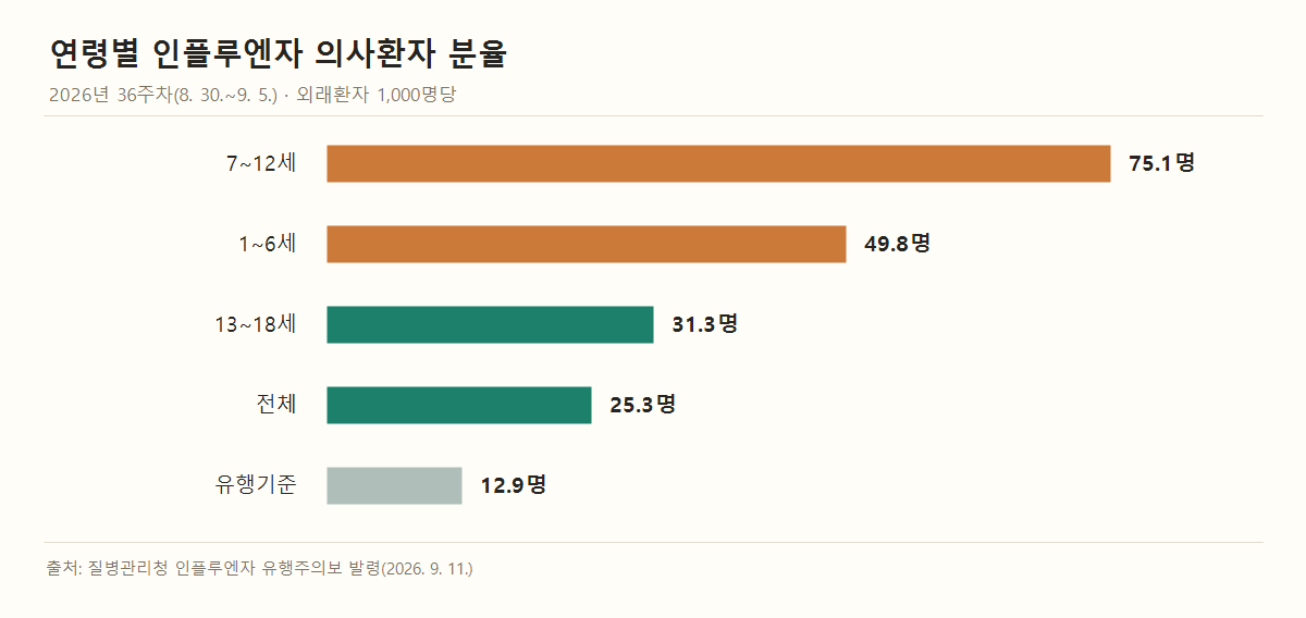 2026년 36주차 인플루엔자 의사환자 분율(외래환자 1,000명당). 7~12세 75.1명, 1~6세 49.8명, 13~18세 31.3명, 전체 25.3명, 이번 절기 유행기준 12.9명.